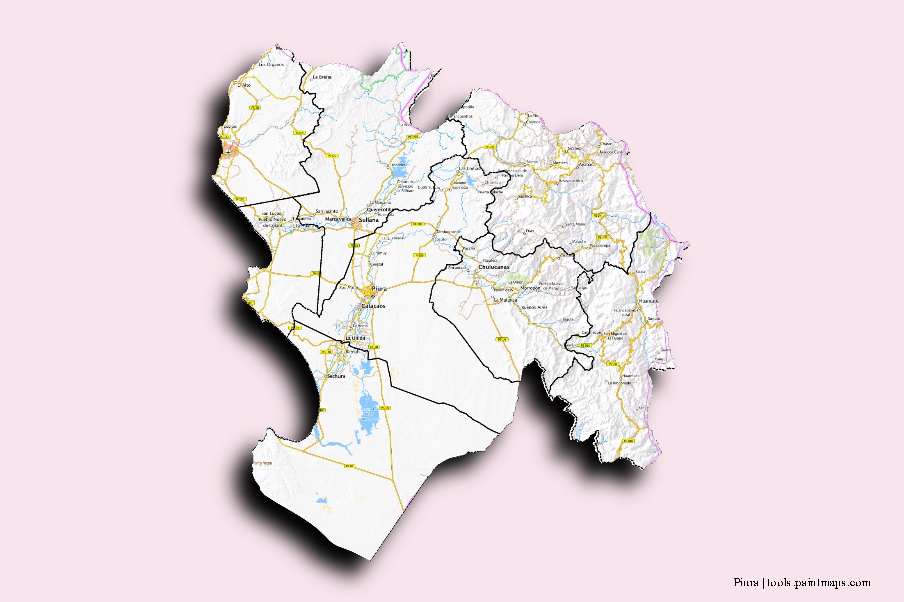 Piura and counties map with 3D shadow effect