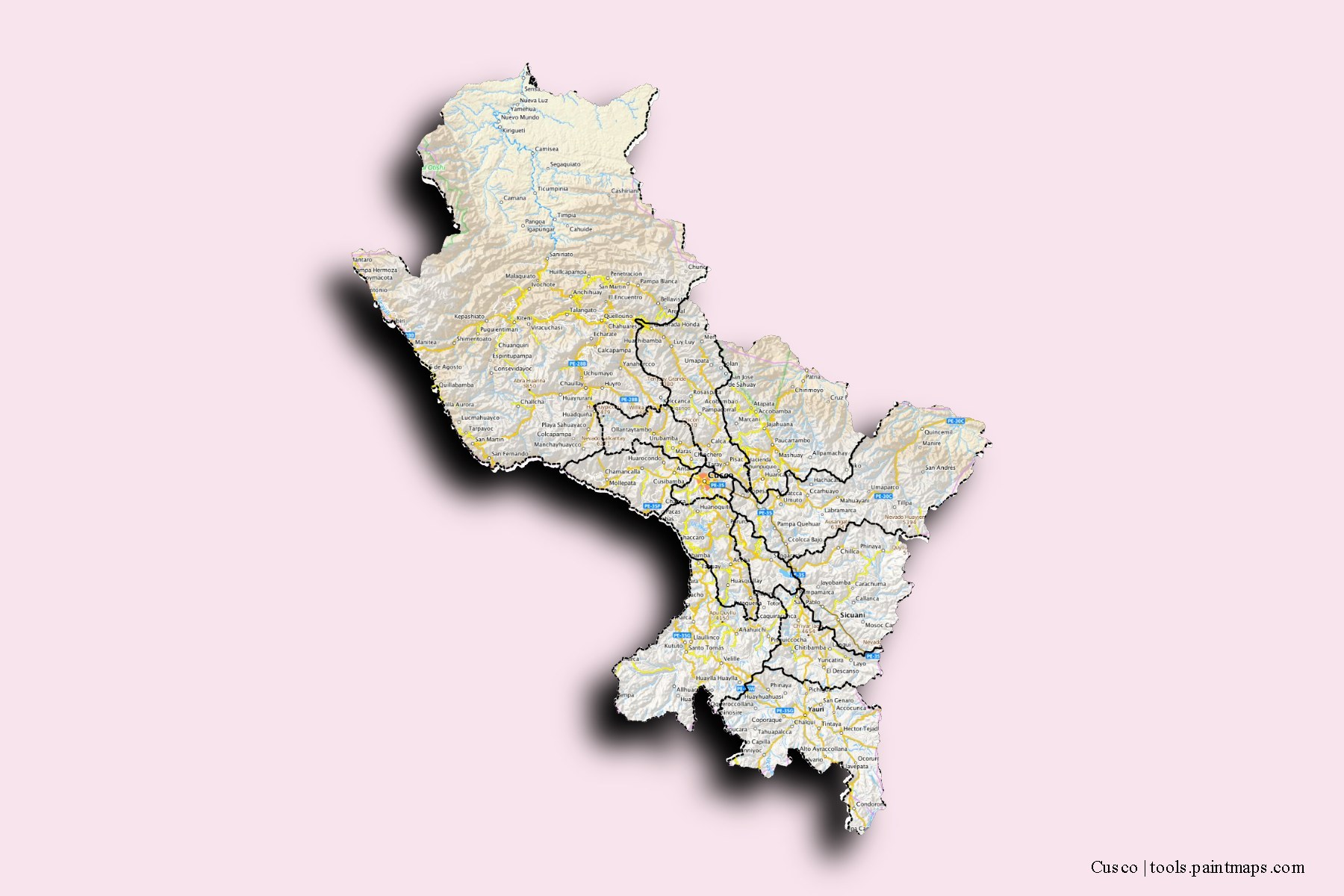 Cusco and counties map with 3D shadow effect