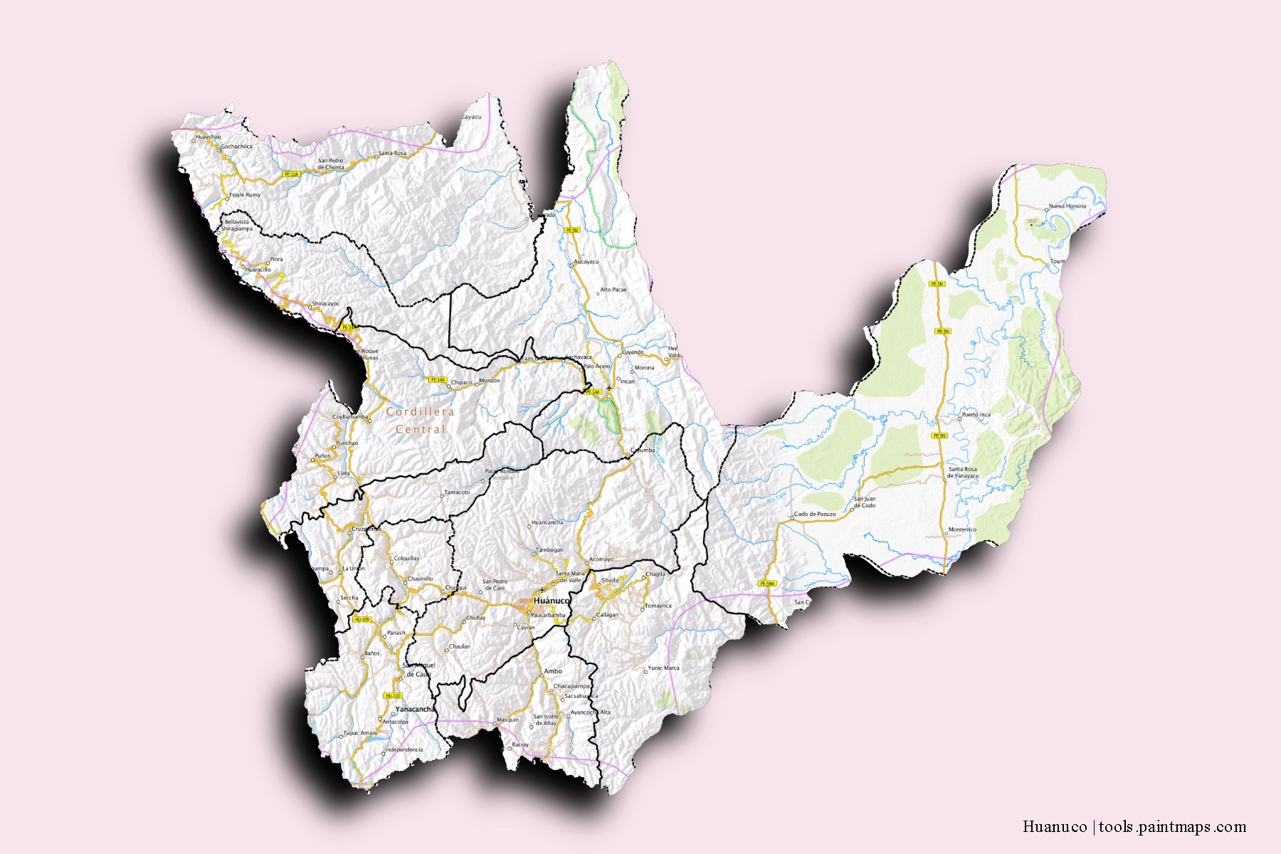 3D gölge efektli Huanuco Region ve ilçeleri haritası