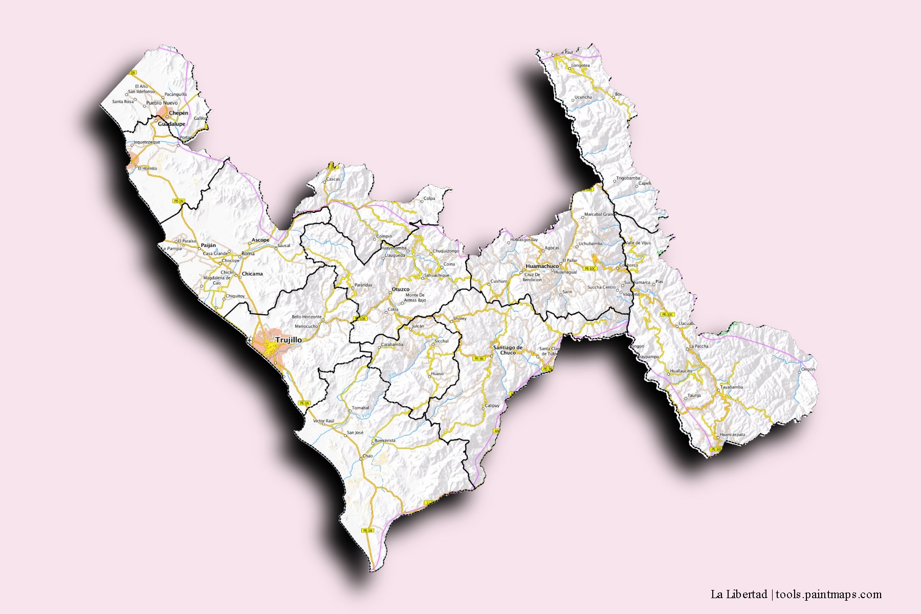 3D gölge efektli La Libertad Bölgesi ve ilçeleri haritası