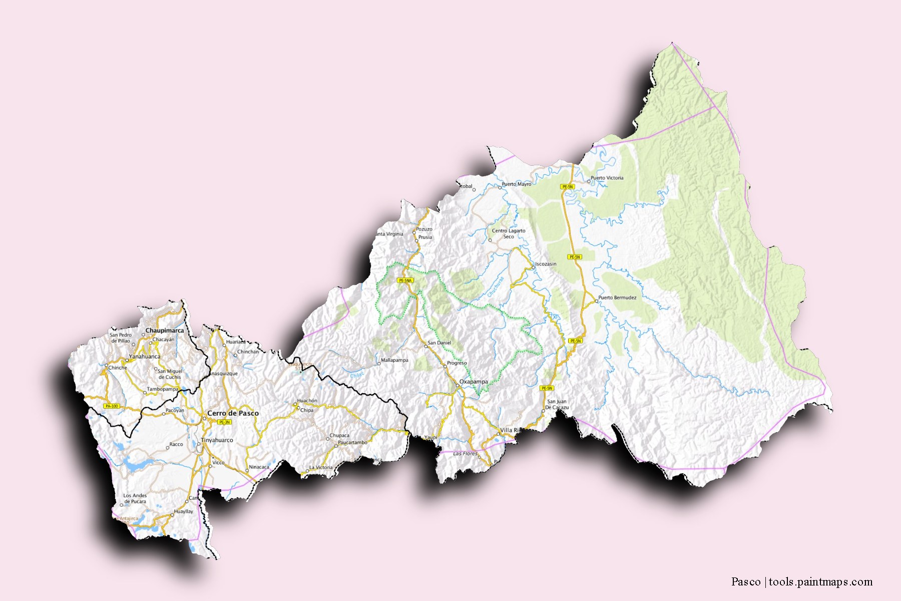 Pasco and counties map with 3D shadow effect