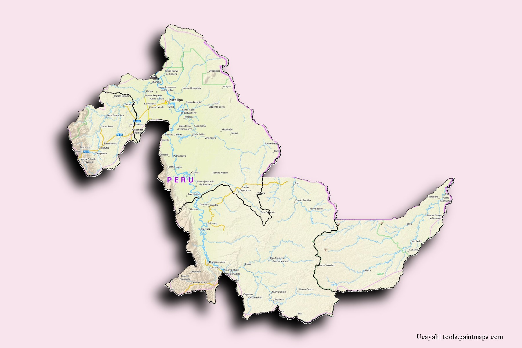 3D gölge efektli Ucayali Bölgesi ve ilçeleri haritası
