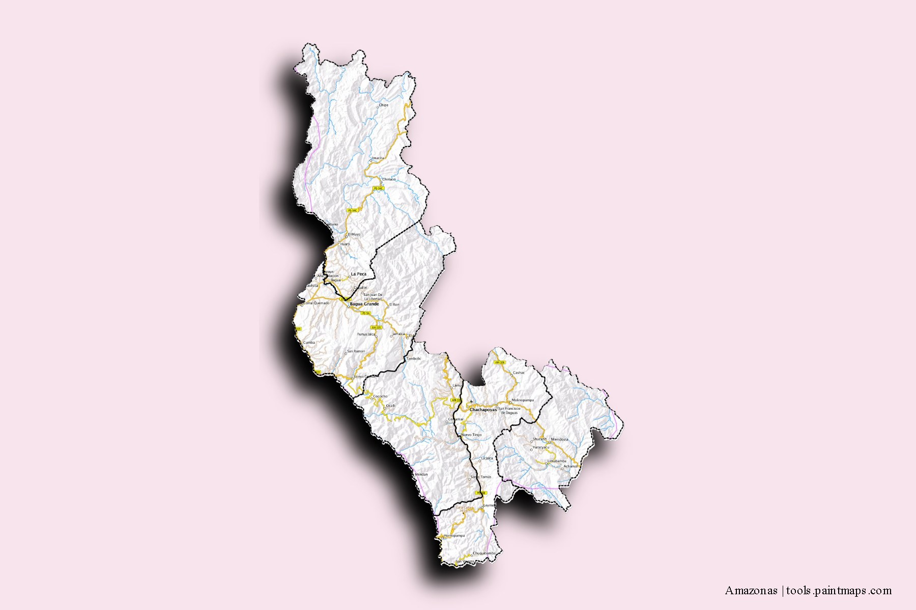 Amazonas and counties map with 3D shadow effect