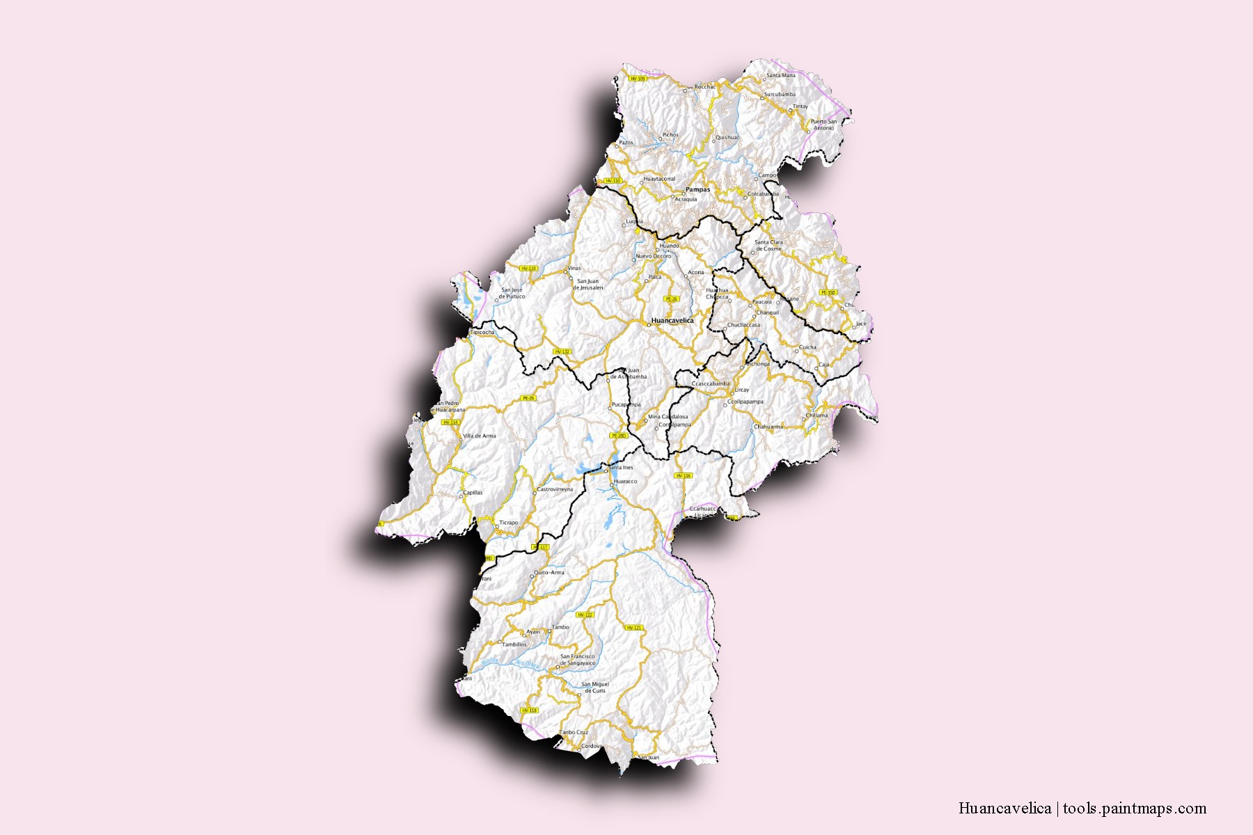 Huancavelica and counties map with 3D shadow effect