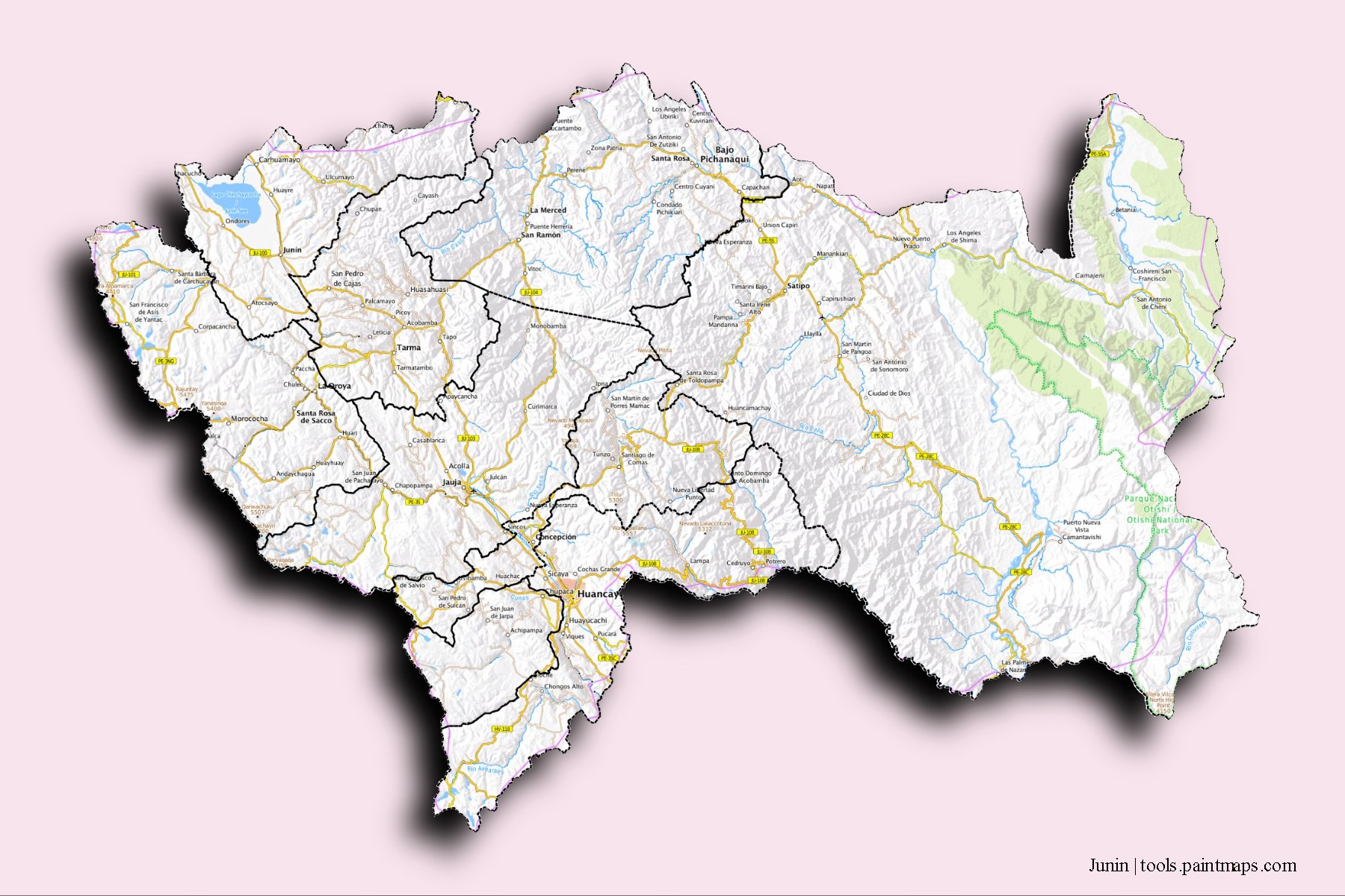 Junin and counties map with 3D shadow effect