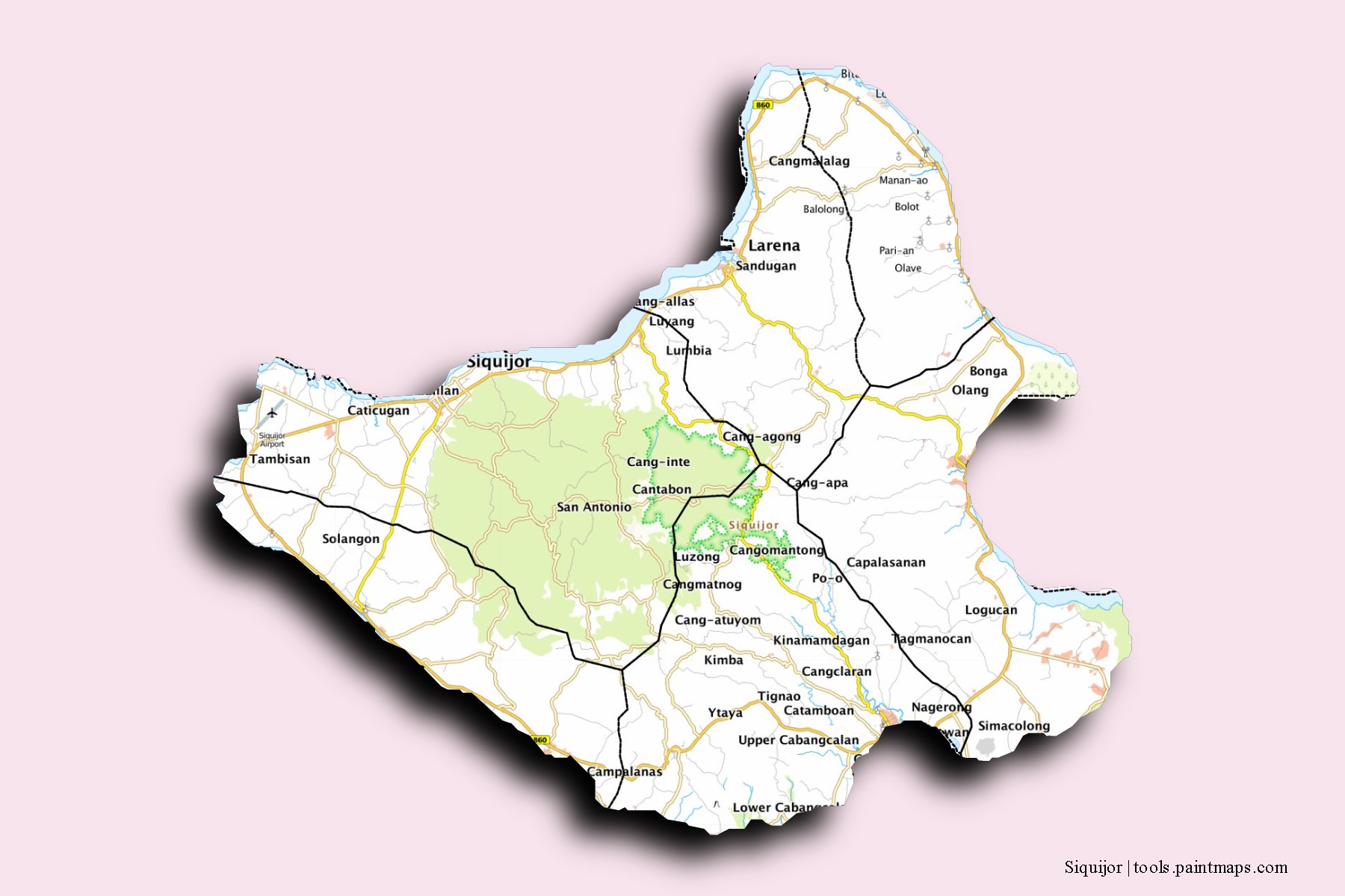 Siquijor and counties map with 3D shadow effect