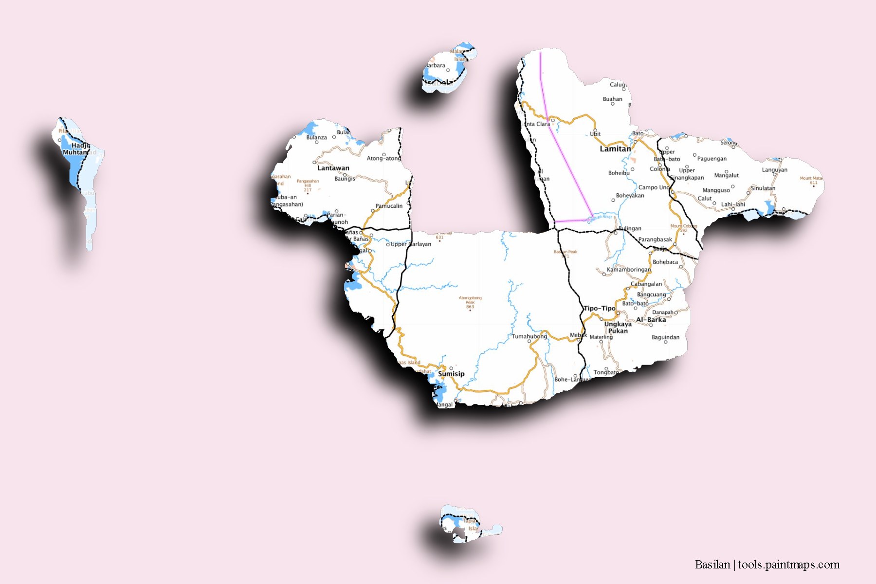 Mapa de Basilan y sus distritos con efecto de sombra 3D