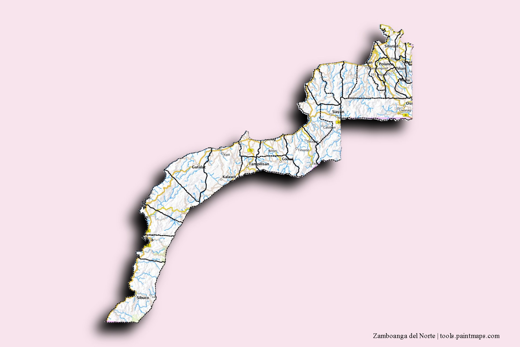 Zamboanga del Norte and counties map with 3D shadow effect