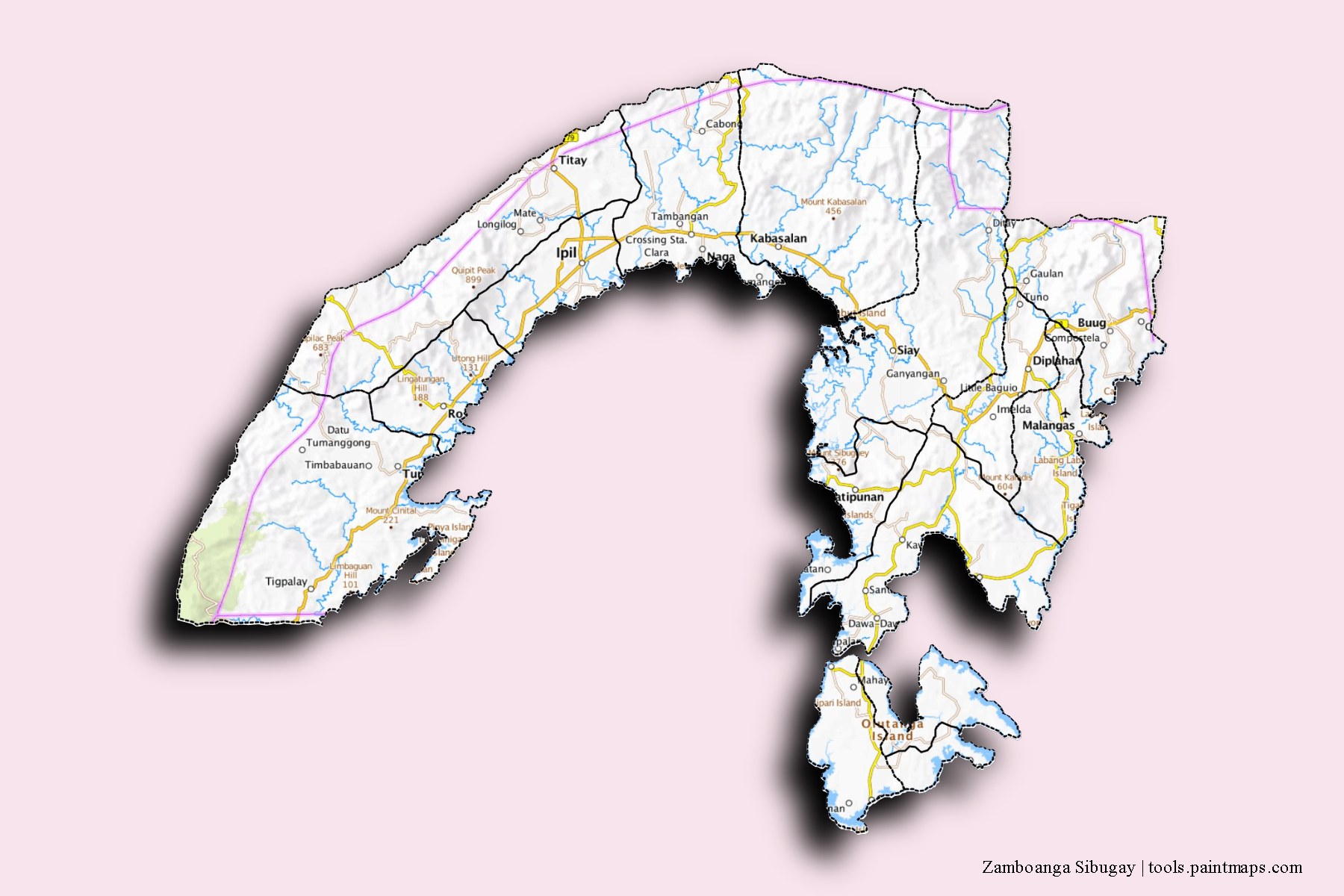 Zamboanga Sibugay and counties map with 3D shadow effect