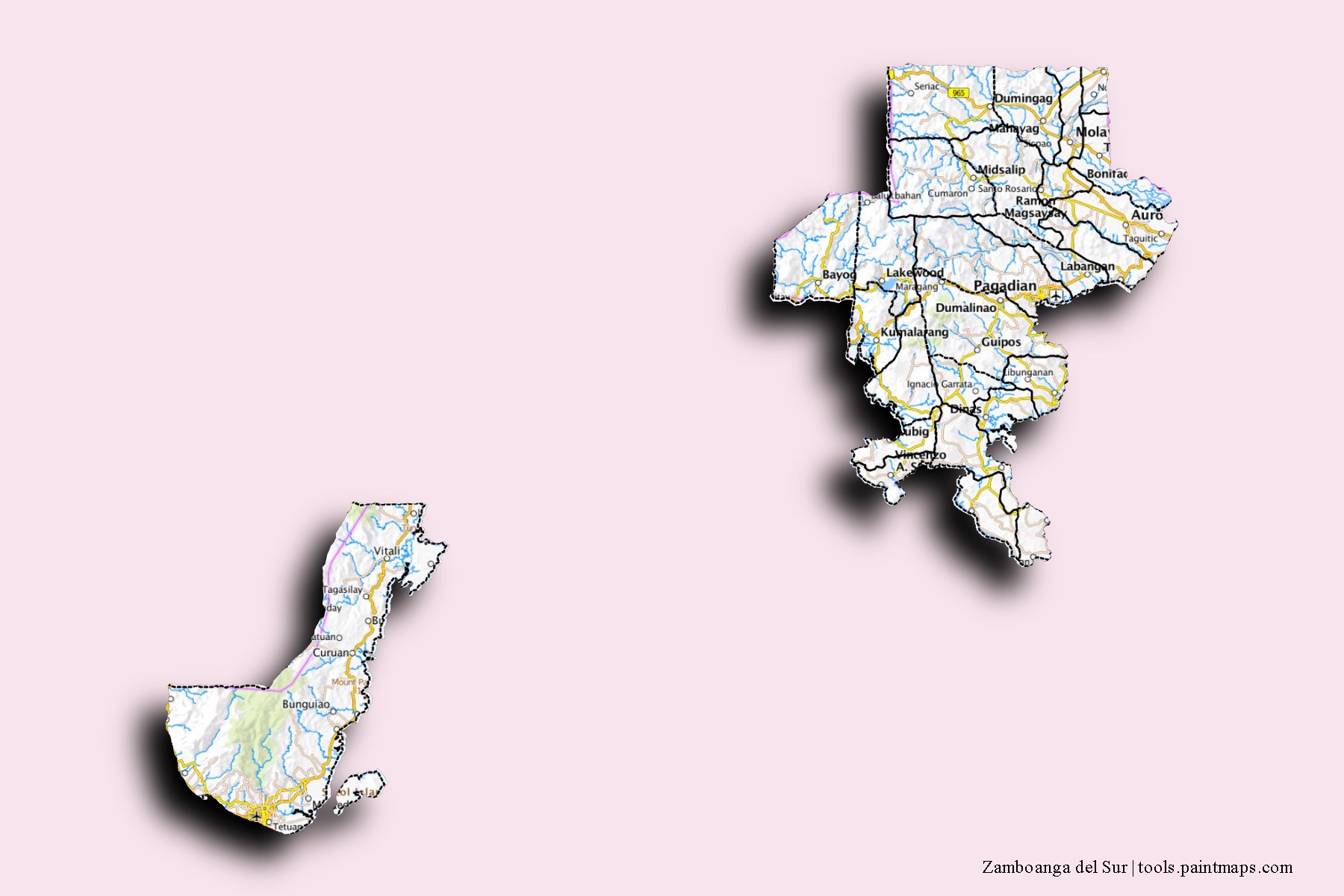 3D gölge efektli Zamboanga del Sur ve ilçeleri haritası
