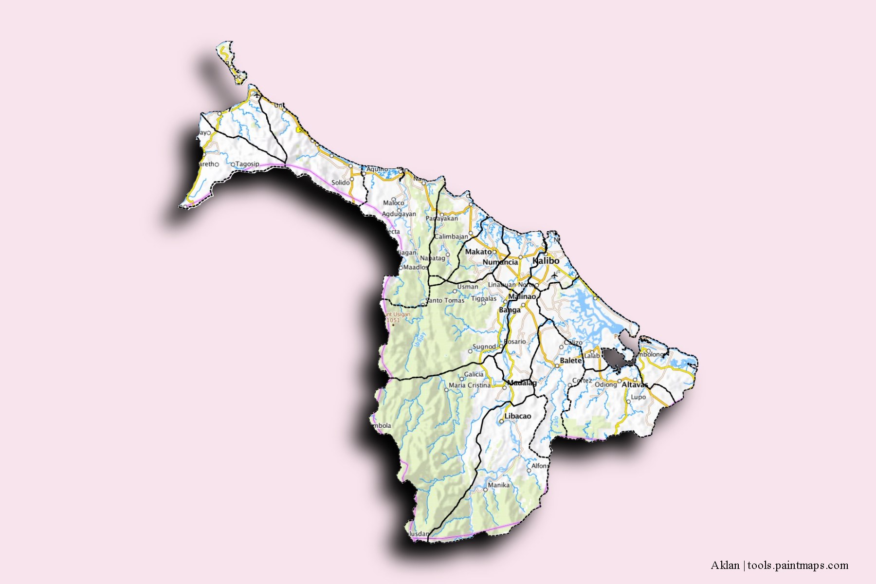 Aklan and counties map with 3D shadow effect