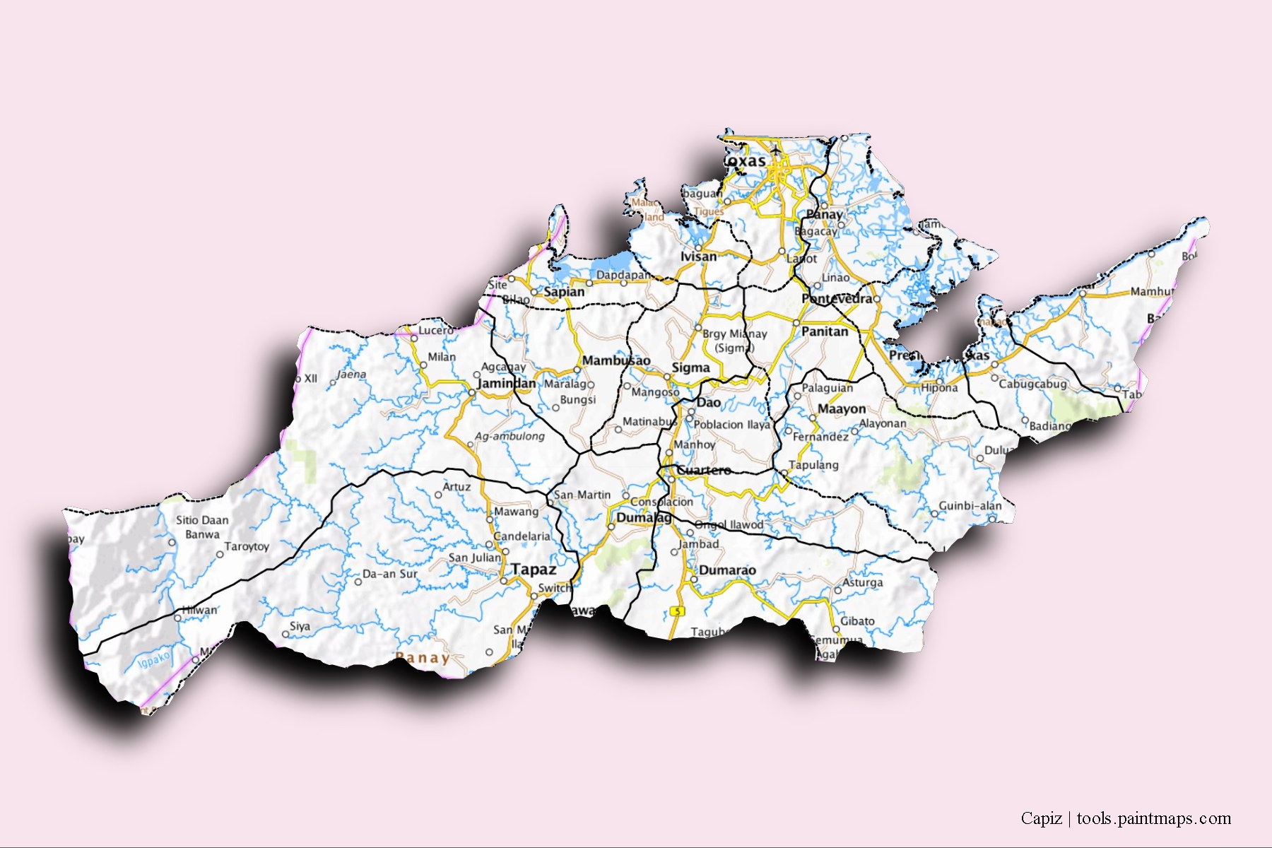 Capiz and counties map with 3D shadow effect