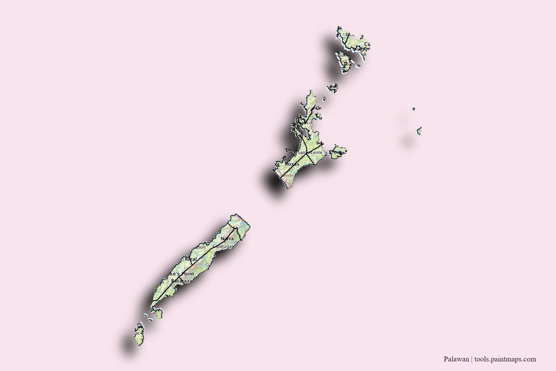 Palawan and counties map with 3D shadow effect