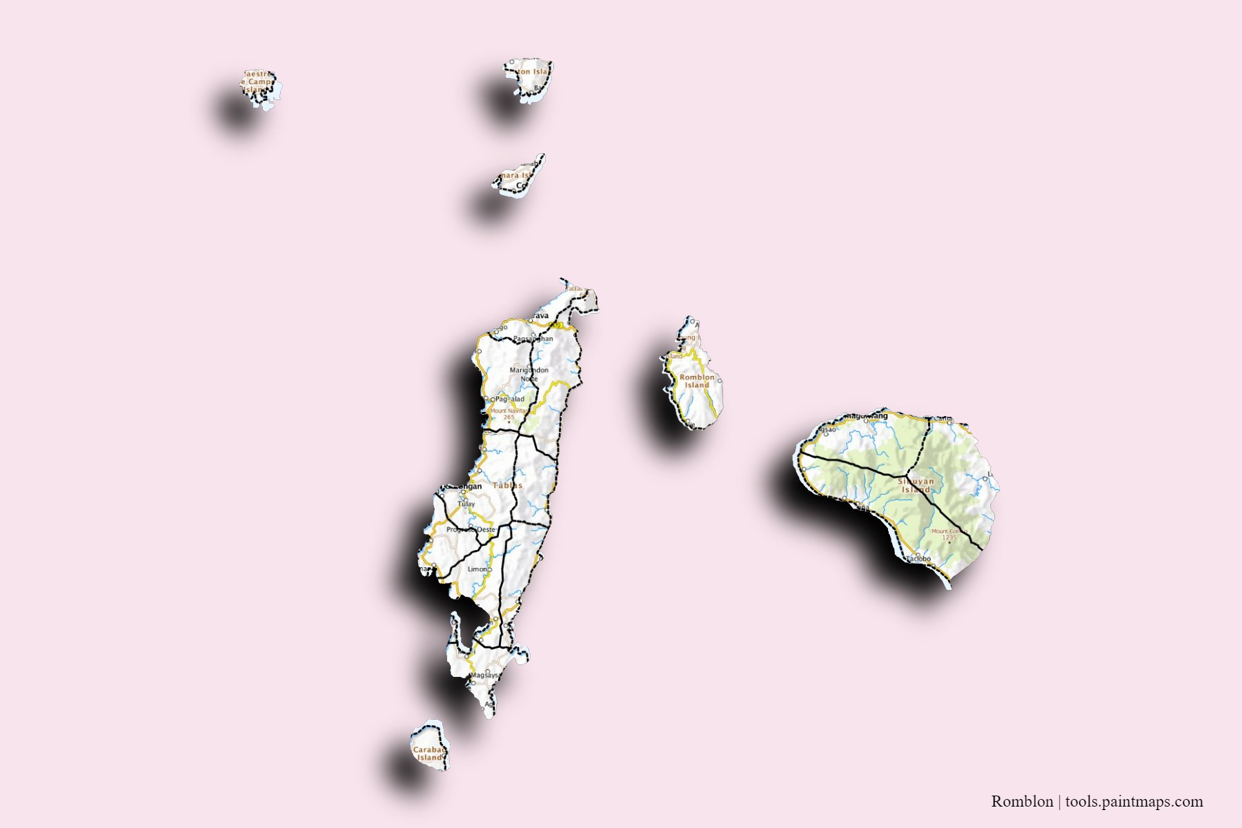 3D gölge efektli Romblon ve ilçeleri haritası