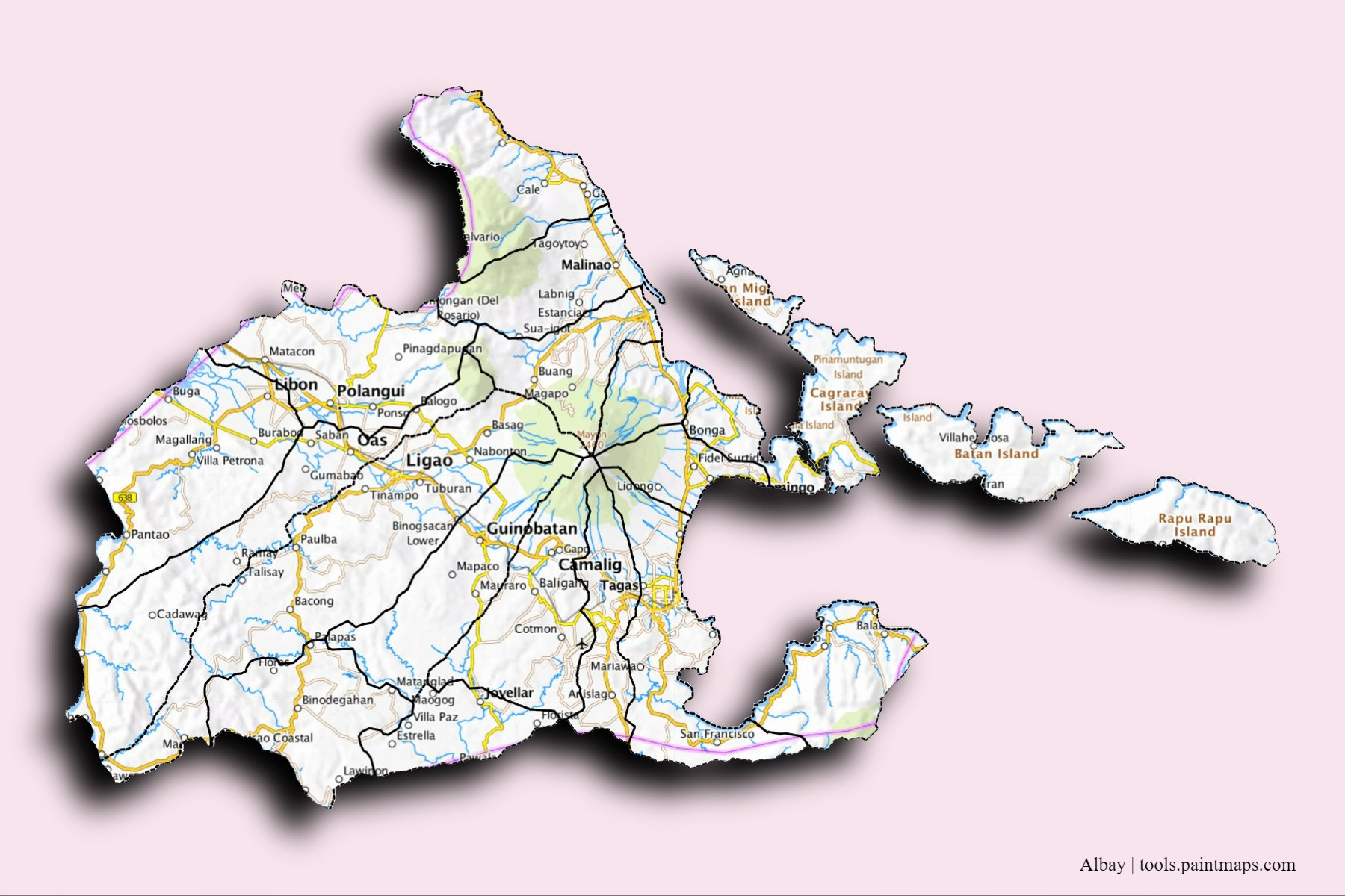 Mapa de Albay y sus distritos con efecto de sombra 3D