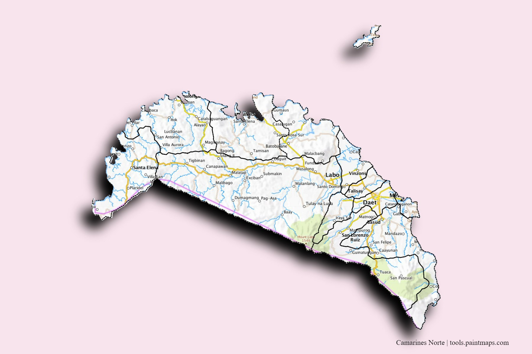 Mapa de Camarines Norte y sus distritos con efecto de sombra 3D