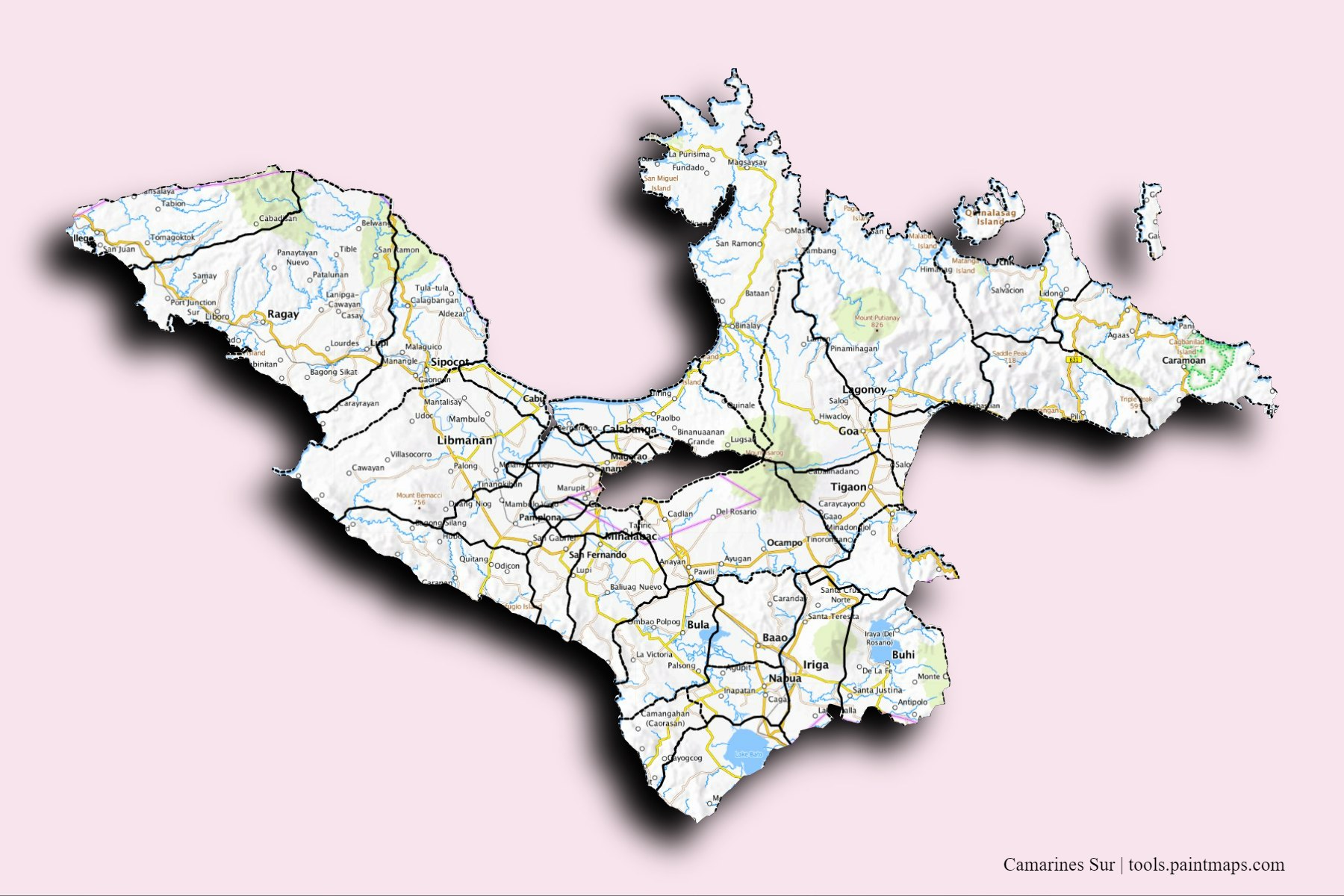 Mapa de Camarines Sur y sus distritos con efecto de sombra 3D