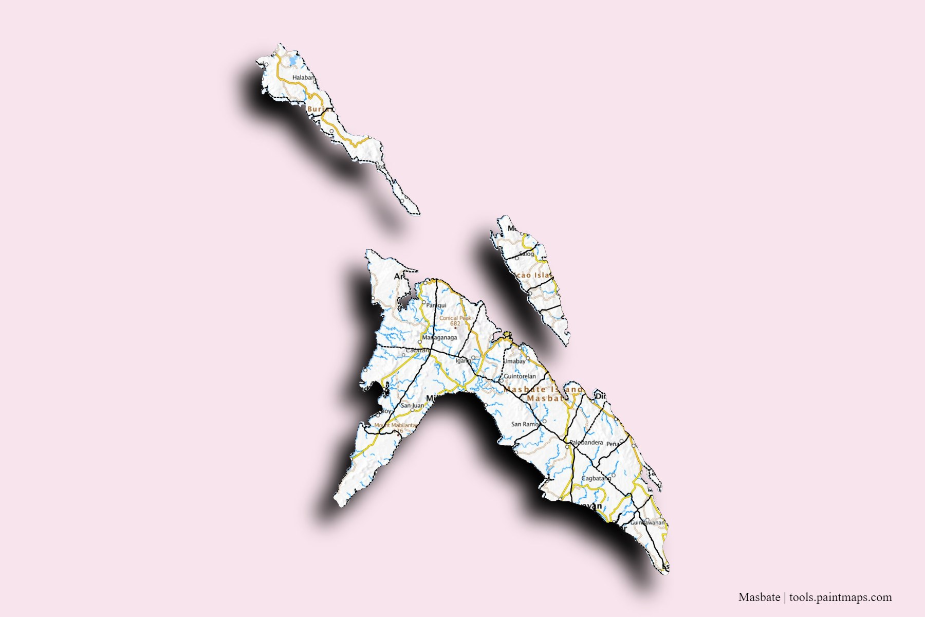 Masbate and counties map with 3D shadow effect