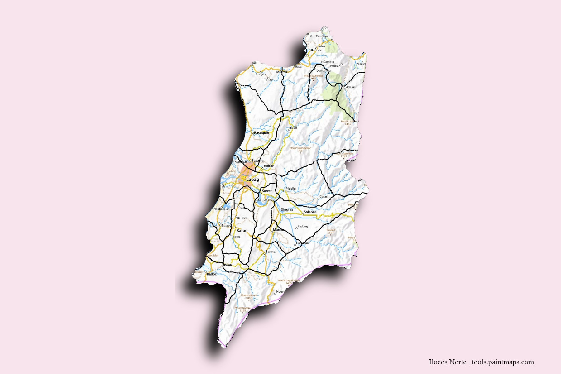 Ilocos Norte and counties map with 3D shadow effect