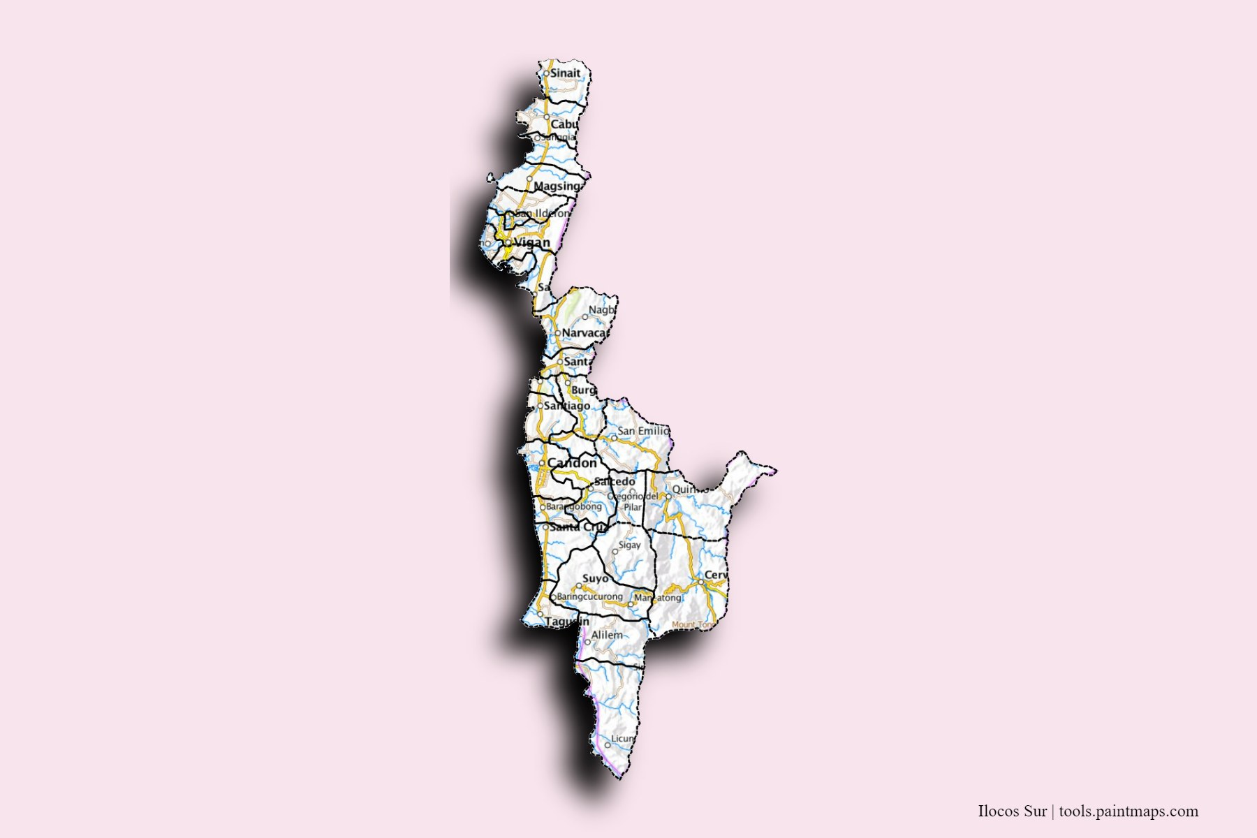 Ilocos Sur and counties map with 3D shadow effect