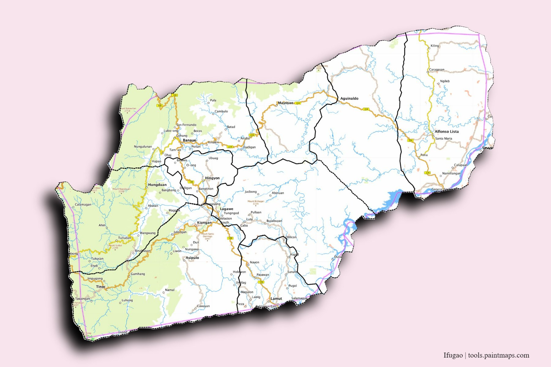 Ifugao and counties map with 3D shadow effect