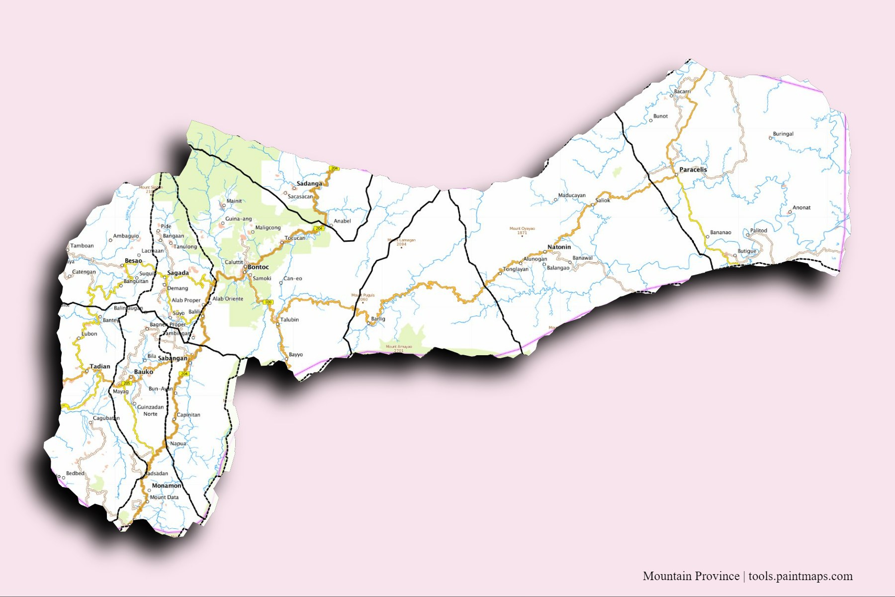 Mountain Province and counties map with 3D shadow effect