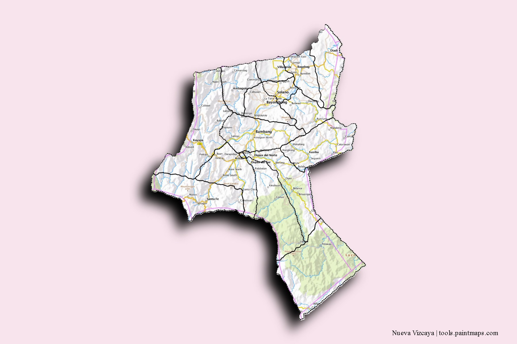 Mapa de Nueva Vizcaya y sus distritos con efecto de sombra 3D