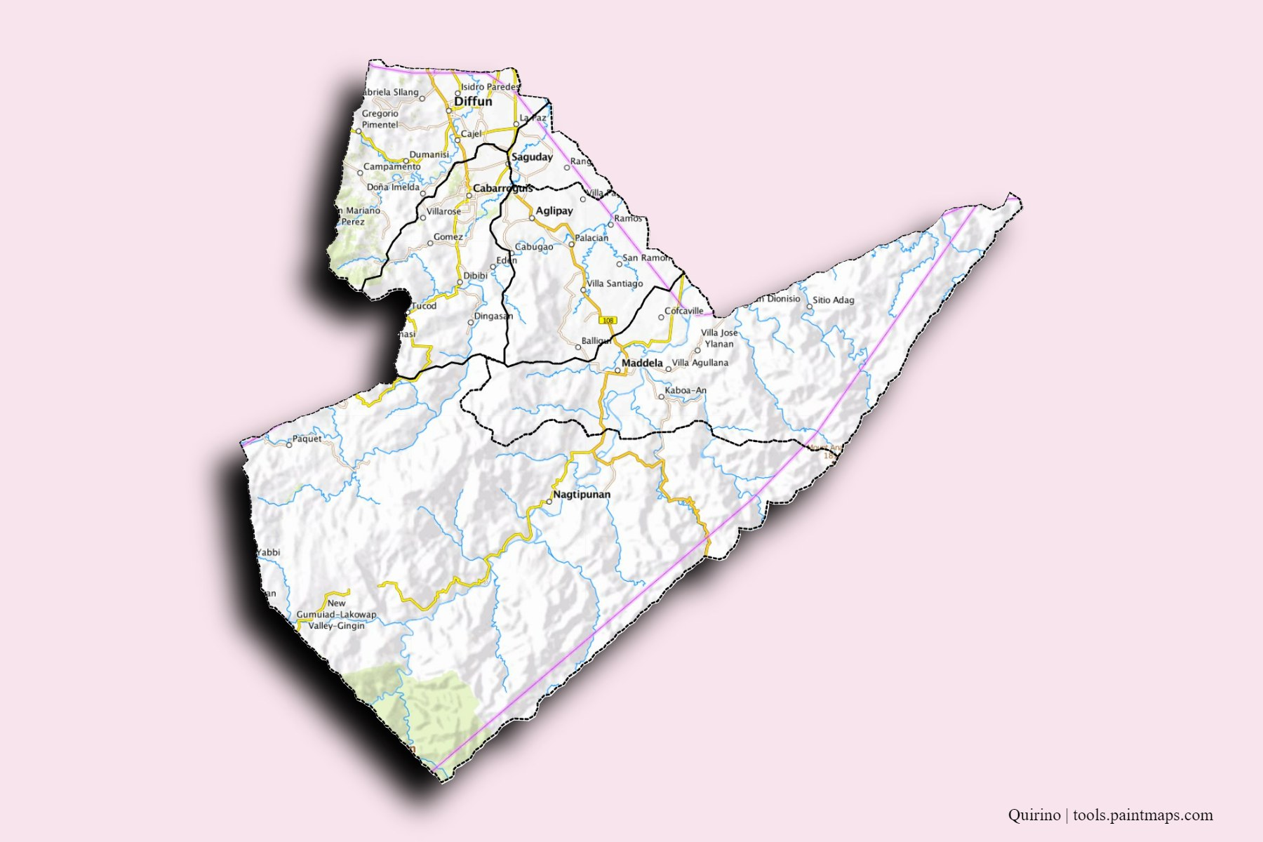 Quirino and counties map with 3D shadow effect