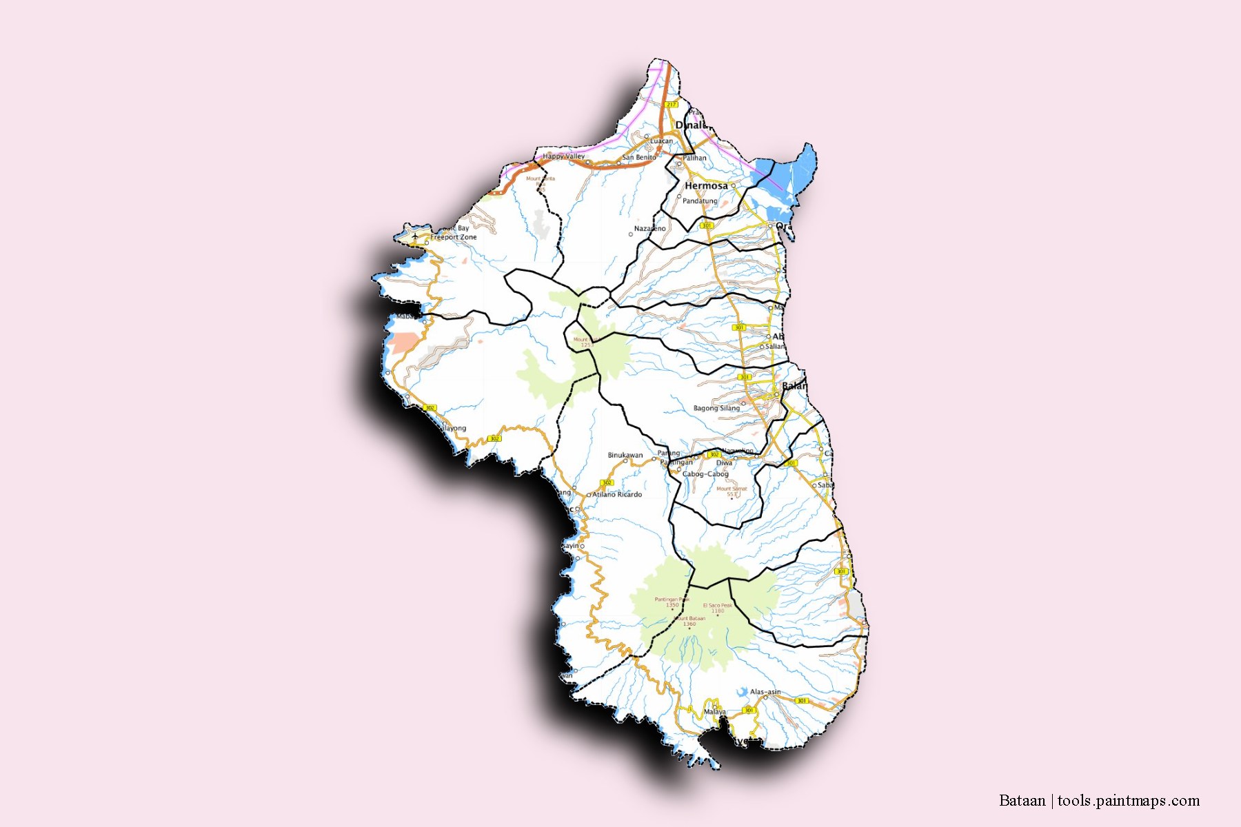 Bataan and counties map with 3D shadow effect