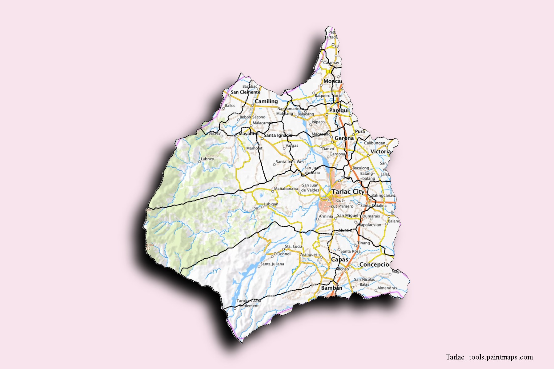 Mapa de Tarlac y sus distritos con efecto de sombra 3D