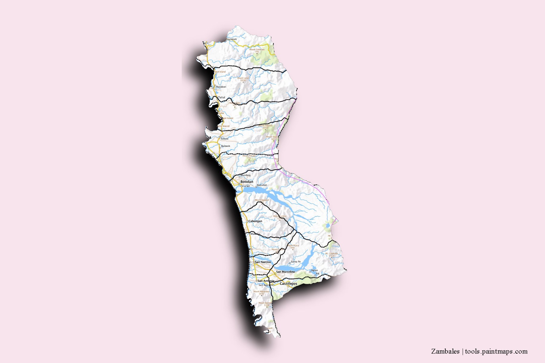 Mapa de Zambales y sus distritos con efecto de sombra 3D