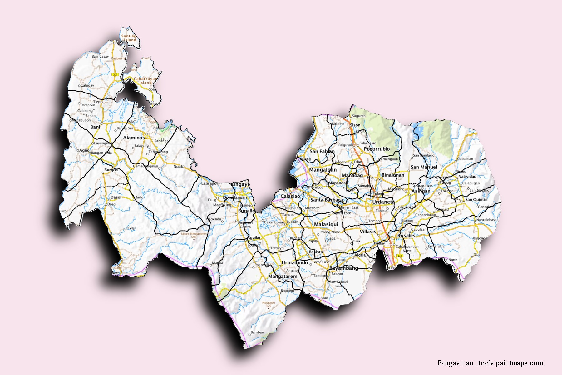 Pangasinan and counties map with 3D shadow effect