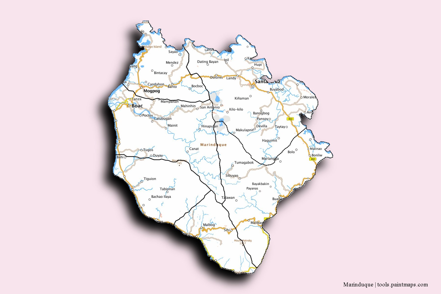 Marinduque and counties map with 3D shadow effect