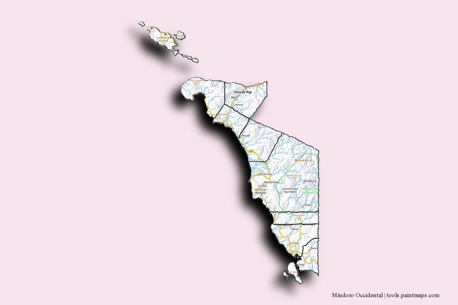 Mapa de Mindoro Occidental y sus distritos con efecto de sombra 3D