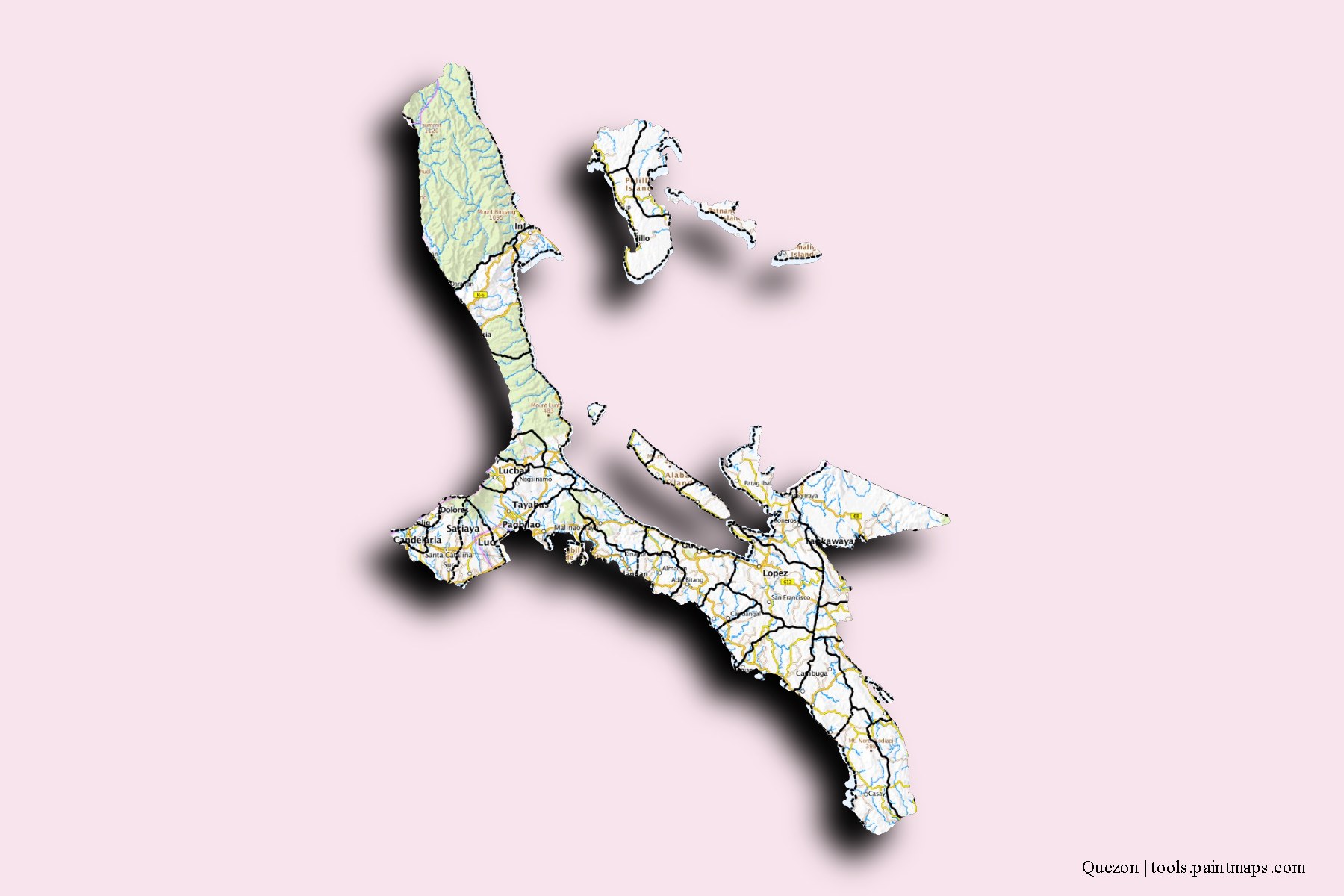 Quezon and counties map with 3D shadow effect