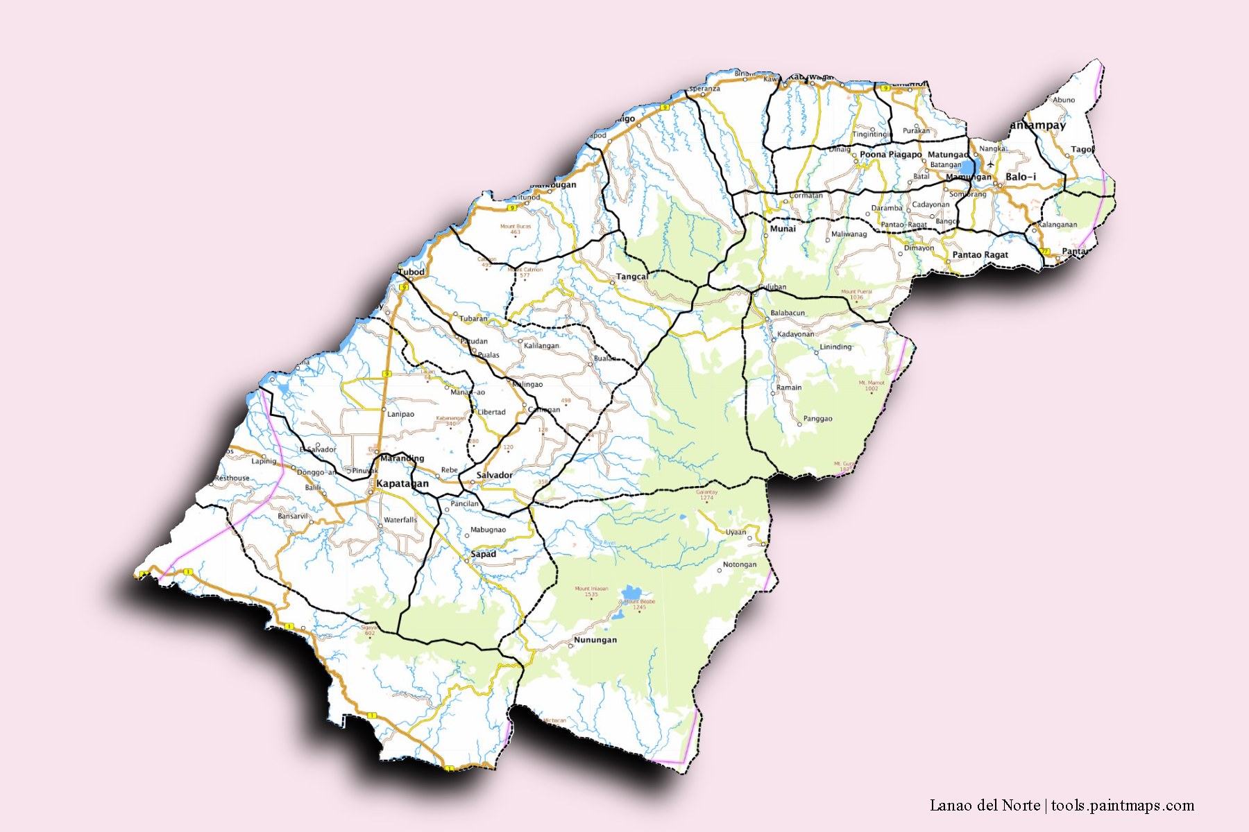 Lanao del Norte and counties map with 3D shadow effect