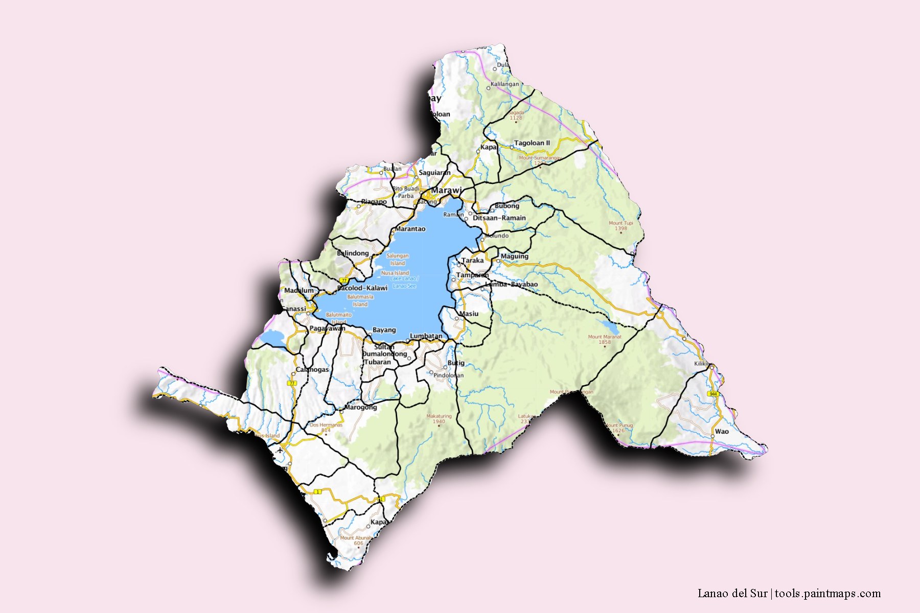 Mapa de Lanao del Sur y sus distritos con efecto de sombra 3D