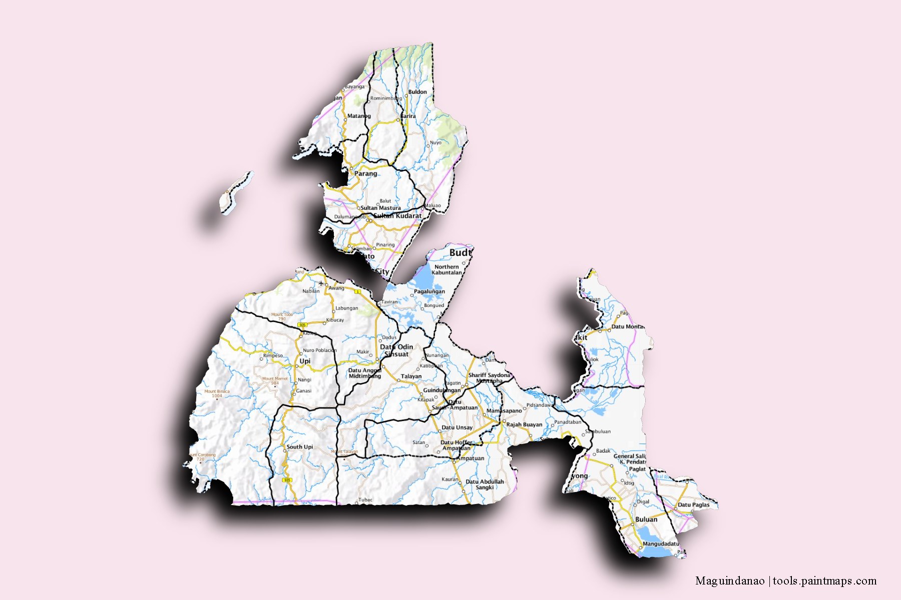 3D gölge efektli Maguindanao ve ilçeleri haritası