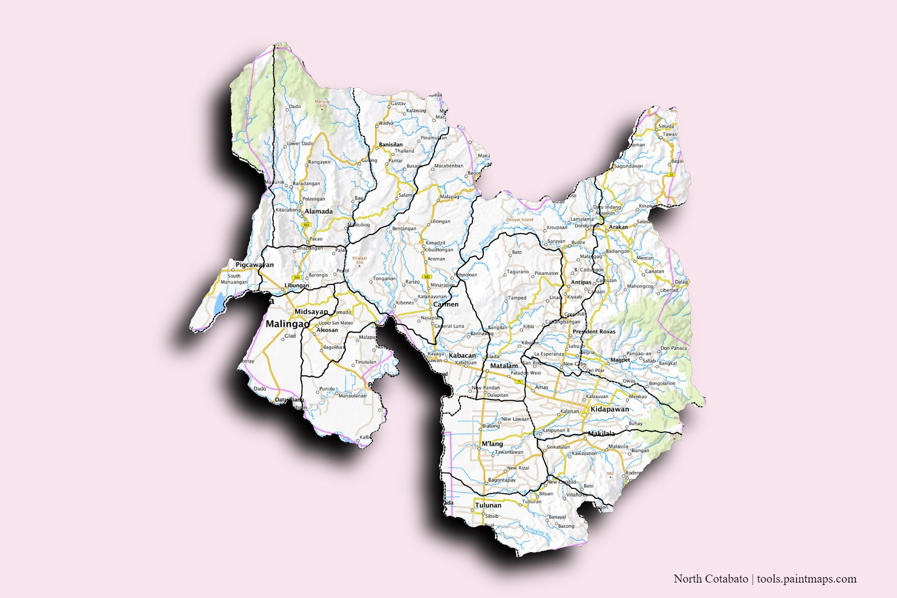 Mapa de North Cotabato y sus distritos con efecto de sombra 3D