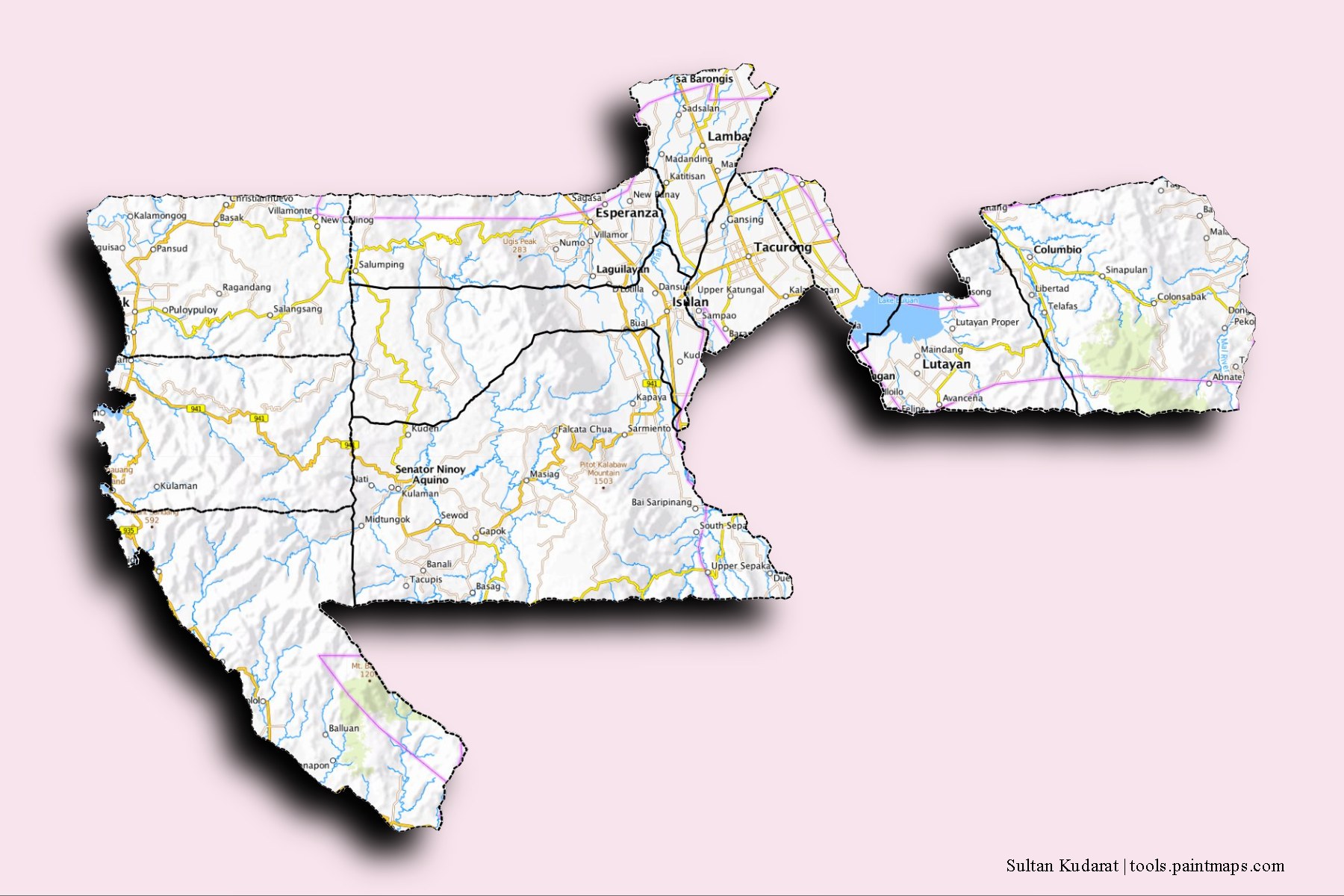 Sultan Kudarat and counties map with 3D shadow effect