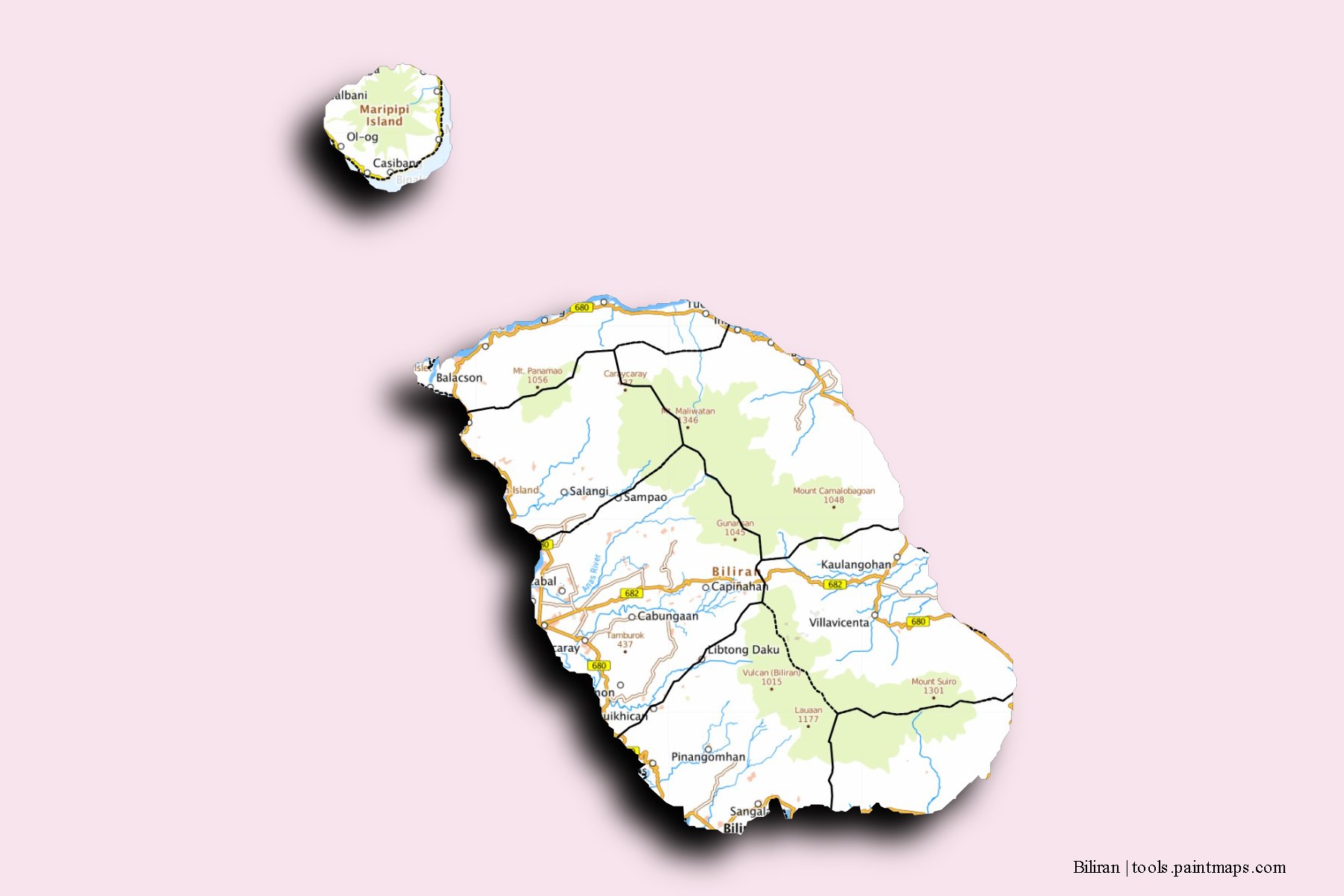 Biliran and counties map with 3D shadow effect