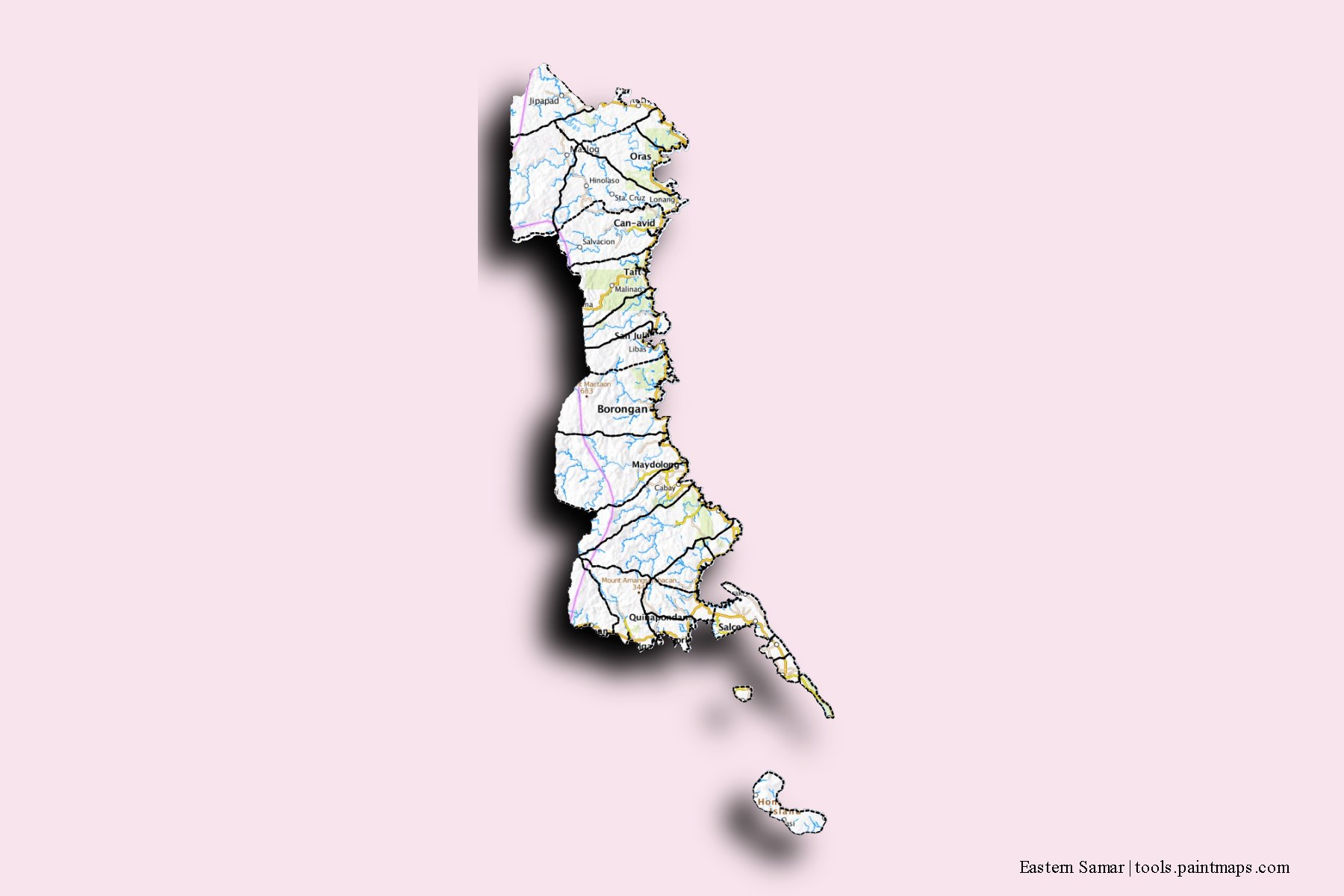 Mapa de Eastern Samar y sus distritos con efecto de sombra 3D