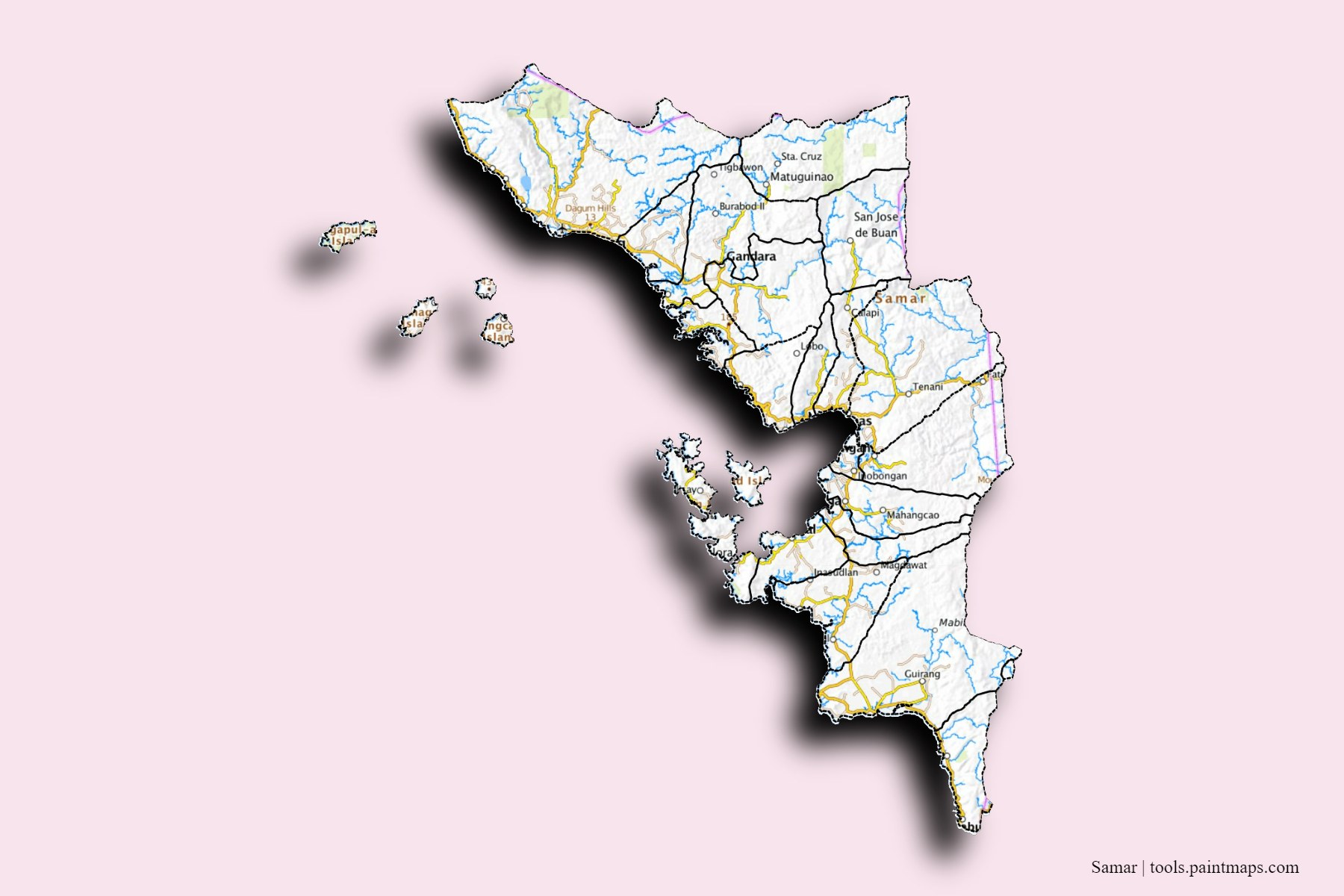 Mapa de Samar y sus distritos con efecto de sombra 3D