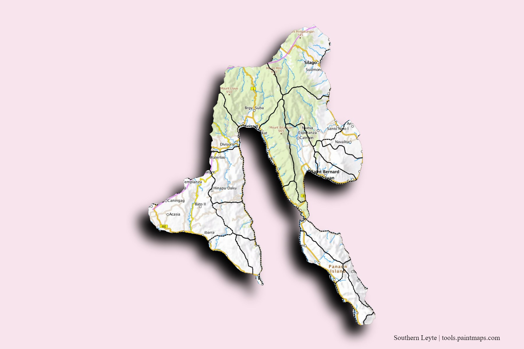 Southern Leyte and counties map with 3D shadow effect