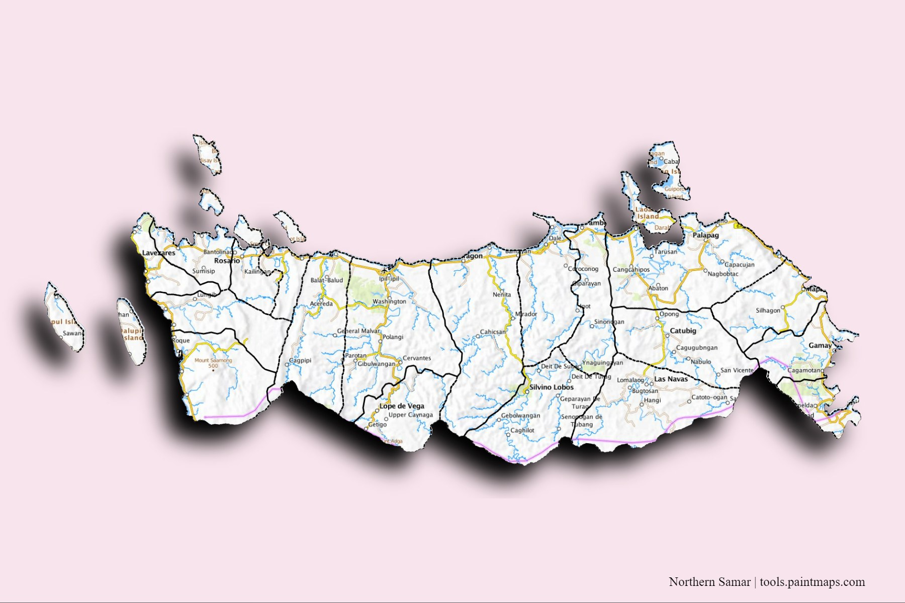 Mapa de Northern Samar y sus distritos con efecto de sombra 3D