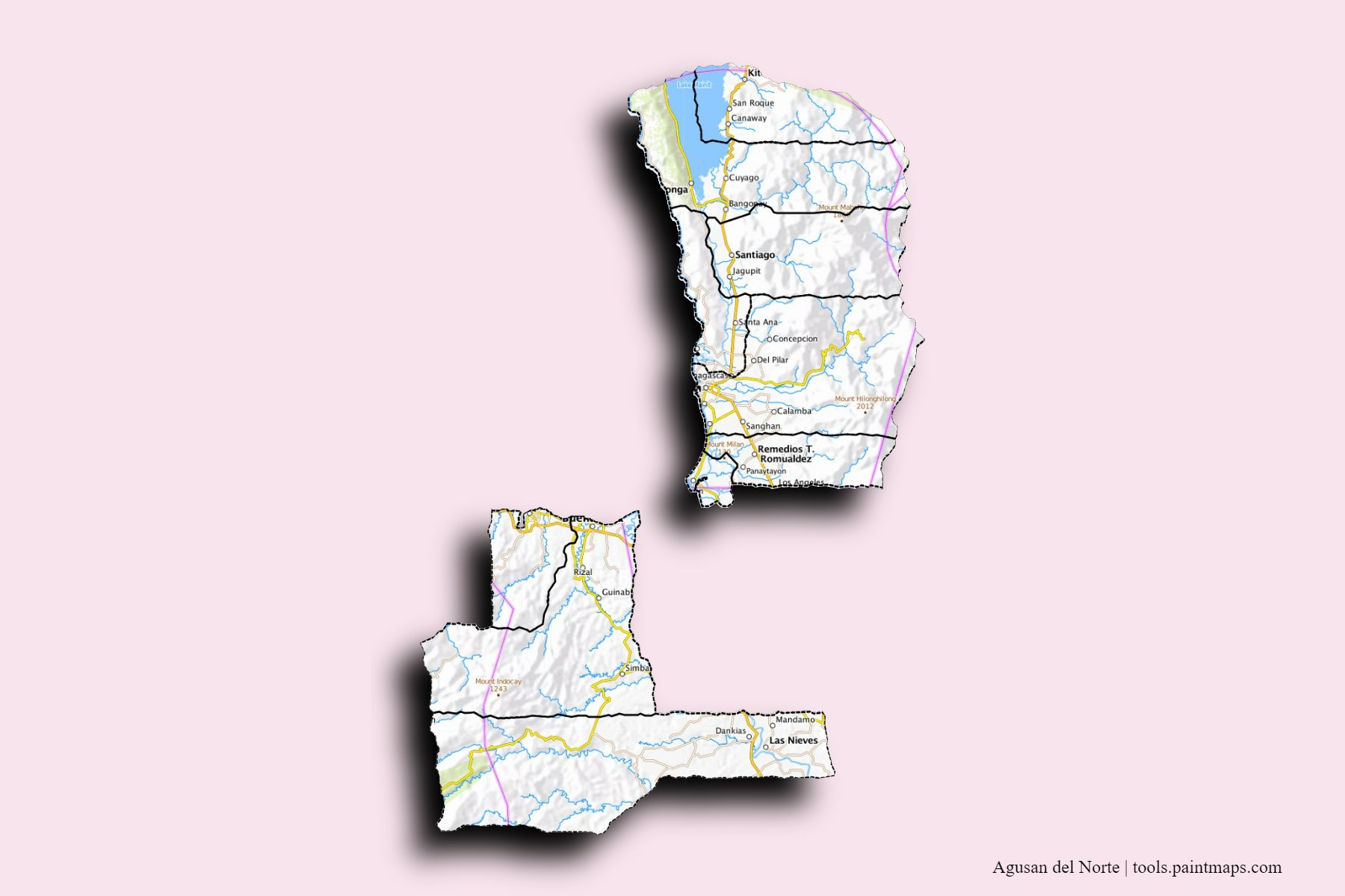 Agusan del Norte and counties map with 3D shadow effect