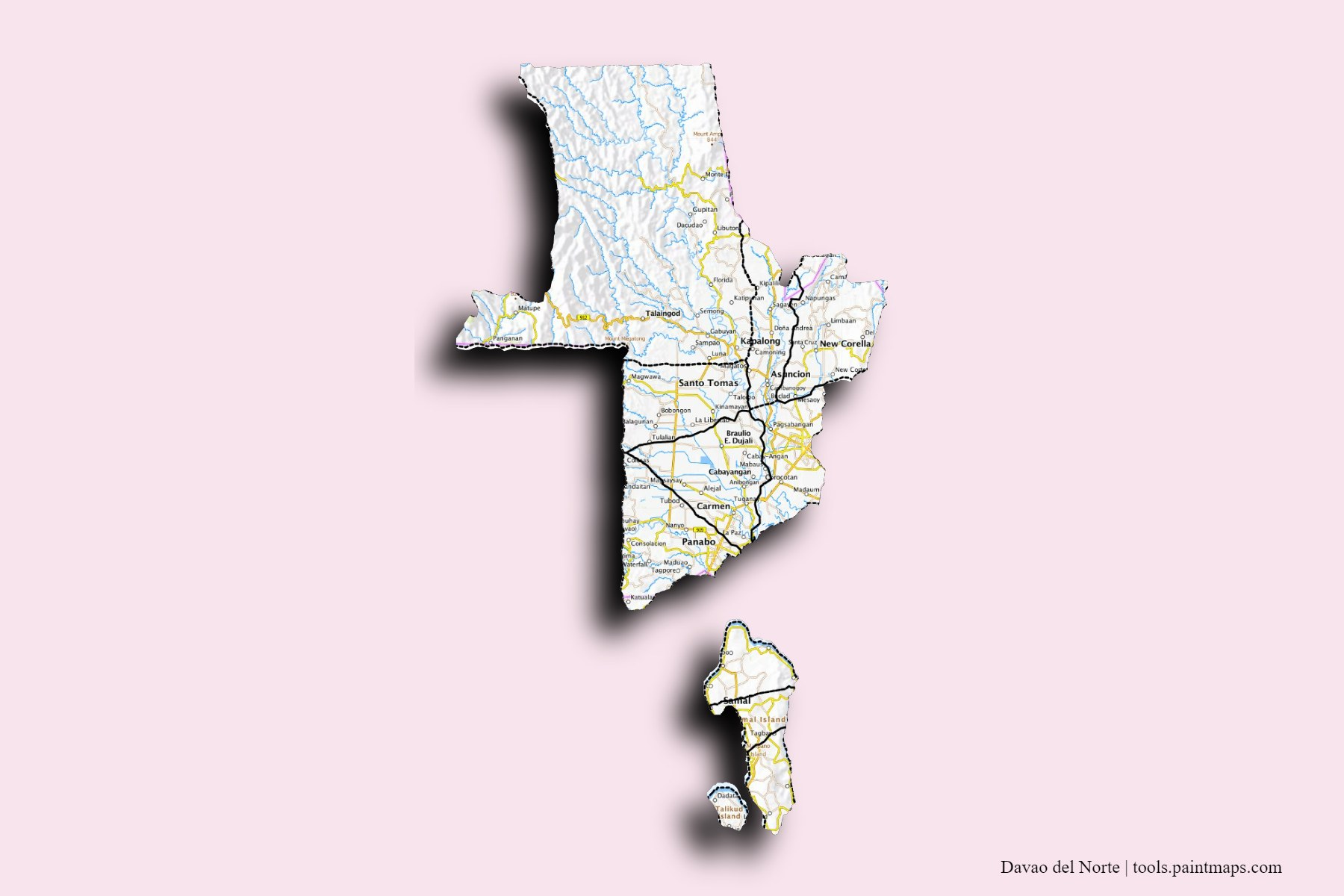 Davao del Norte and counties map with 3D shadow effect