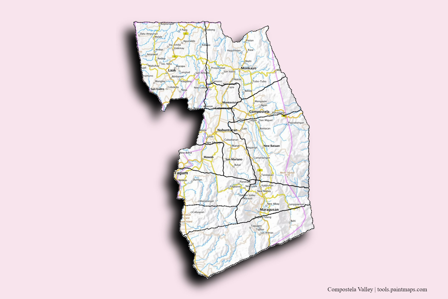 Compostela Valley and counties map with 3D shadow effect