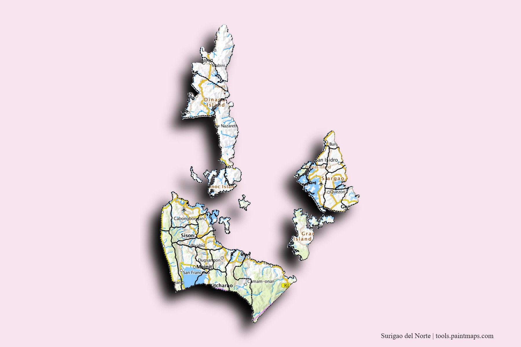Mapa de Surigao del Norte y sus distritos con efecto de sombra 3D