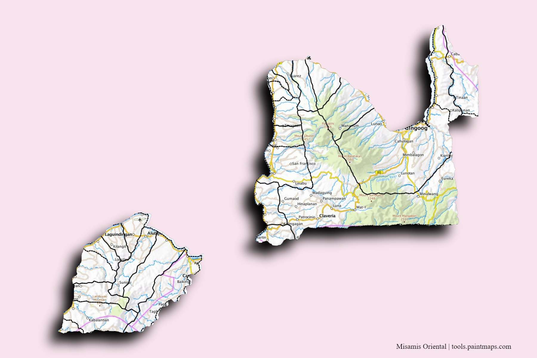 Misamis Oriental and counties map with 3D shadow effect